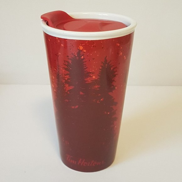 Tim Hortons 2017 Travel Mug Lidded Tumbler Deer Elk Trees Winter Holiday Red - Picture 4 of 16